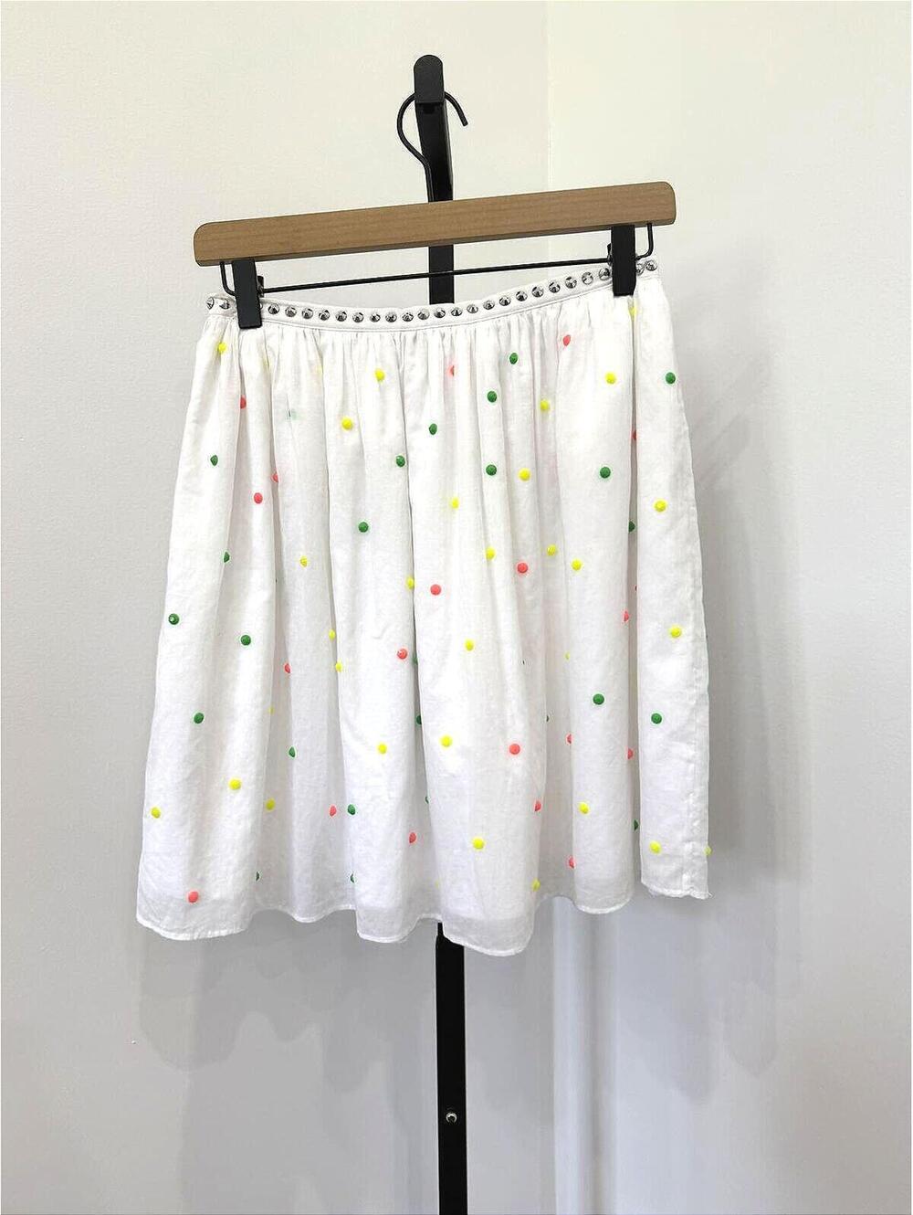 Manoush 36 White Skirt with Multicolor Polka Dots and Rhinestone Waistband